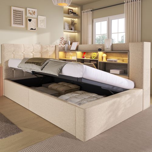 Lit Coffre 90×190 cm, Capitonné Simple Ado, LED, Ports USB Type-c, Tête De Lit Rangement, Lin Beige