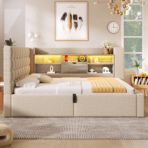 Lit Coffre 90×190 cm, Capitonné Simple Ado, LED, Ports USB Type-c, Tête De Lit Rangement, Lin Beige