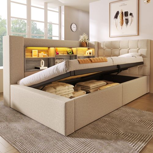 Lit Coffre 90×190 cm, Capitonné Simple Ado, LED, Ports USB Type-c, Tête De Lit Rangement, Lin Beige