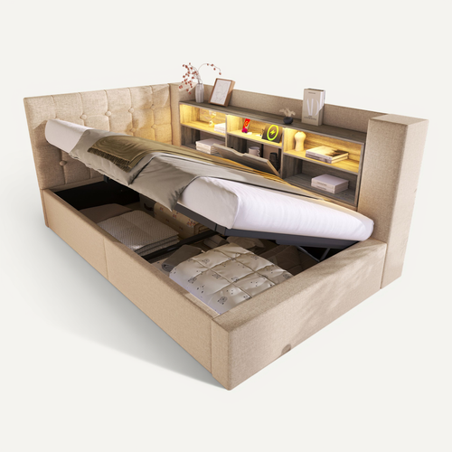 Lit Coffre 90×190 cm, Capitonné Simple Ado, LED, Ports USB Type-c, Tête De Lit Rangement, Lin Beige