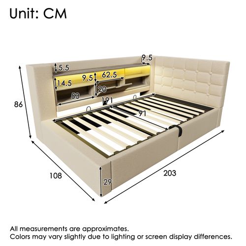 Lit Coffre 90×190 cm, Capitonné Simple Ado, LED, Ports USB Type-c, Tête De Lit Rangement, Lin Beige