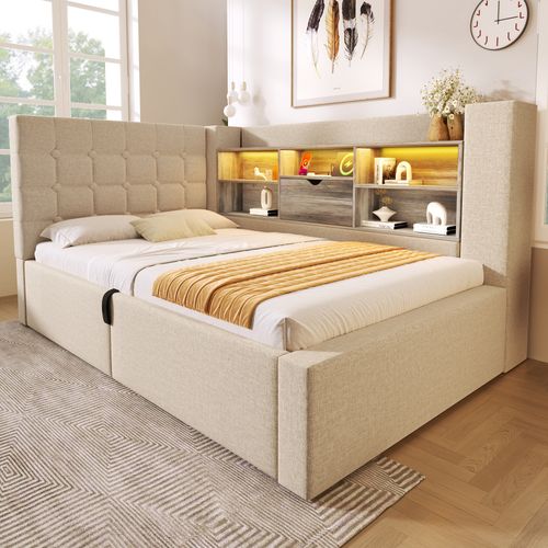 Lit Coffre 90×190 cm, Capitonné Simple Ado, LED, Ports USB Type-c, Tête De Lit Rangement, Lin Beige