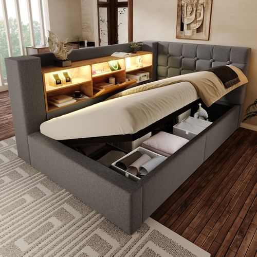 Lit Coffre 90×190 cm, Capitonné Simple Ado, LED, Ports USB Type-c, Tête De Lit Rangement, Lin Gris