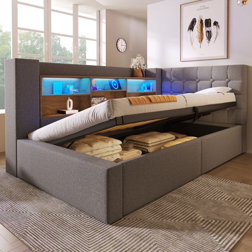Lit Coffre 90×190 cm, Capitonné Simple Ado, LED, Ports USB Type-c, Tête De Lit Rangement, Lin Gris