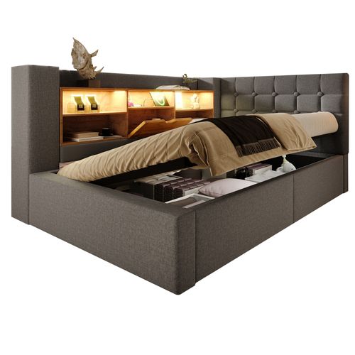 Lit Coffre 90×190 cm, Capitonné Simple Ado, LED, Ports USB Type-c, Tête De Lit Rangement, Lin Gris