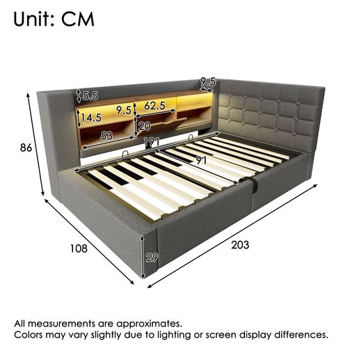 Lit Coffre 90×190 cm, Capitonné Simple Ado, LED, Ports USB Type-c, Tête De Lit Rangement, Lin Gris