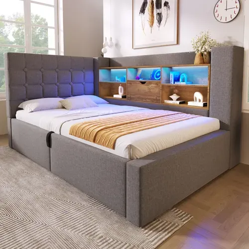 Lit Coffre 90×190 cm, Capitonné Simple Ado, LED, Ports USB Type-c, Tête De Lit Rangement, Lin Gris