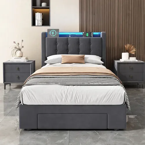 Lit Ado 90x200 Cm - Lit Coffre Hydraulique Avec Rangement LED Tiroirs Et Prises USB - Velours Gris