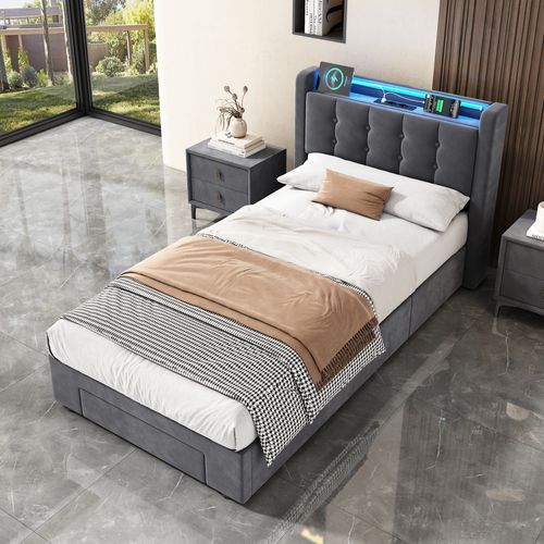 Lit Ado 90x200 Cm - Lit Coffre Hydraulique Avec Rangement LED Tiroirs Et Prises USB - Velours Gris