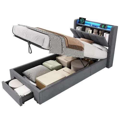 Lit Ado 90x200 Cm - Lit Coffre Hydraulique Avec Rangement LED Tiroirs Et Prises USB - Velours Gris