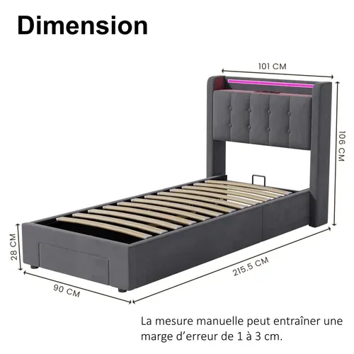 Lit Ado 90x200 Cm - Lit Coffre Hydraulique Avec Rangement LED Tiroirs Et Prises USB - Velours Gris