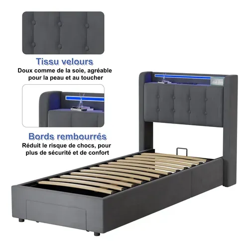 Lit Ado 90x200 Cm - Lit Coffre Hydraulique Avec Rangement LED Tiroirs Et Prises USB - Velours Gris