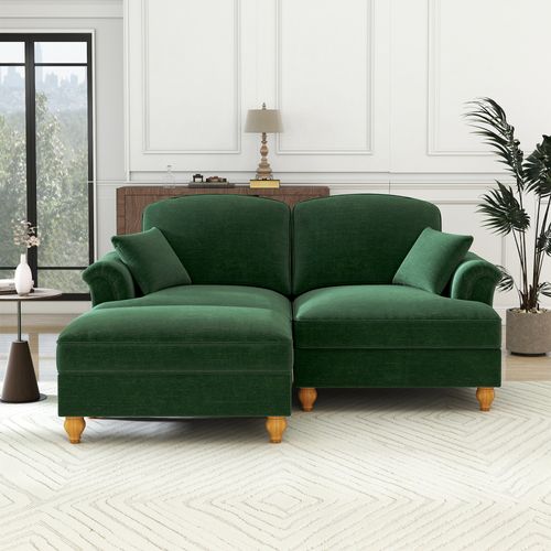 Canapé Moderne 2 Places Avec Accoudoirs Entonnoir, Pouf Et Jupe Amovible, Chenille Vert