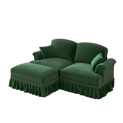 Canapé Moderne 2 Places Avec Accoudoirs Entonnoir, Pouf Et Jupe Amovible, Chenille Vert