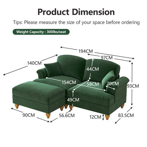 Canapé Moderne 2 Places Avec Accoudoirs Entonnoir, Pouf Et Jupe Amovible, Chenille Vert