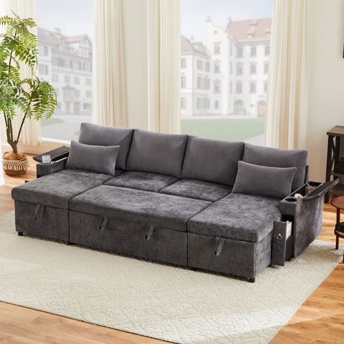 Canapé D’angle Convertible Avec Coffre, Porte-gobelets, Chenille Et Velours Côtelé, Gris