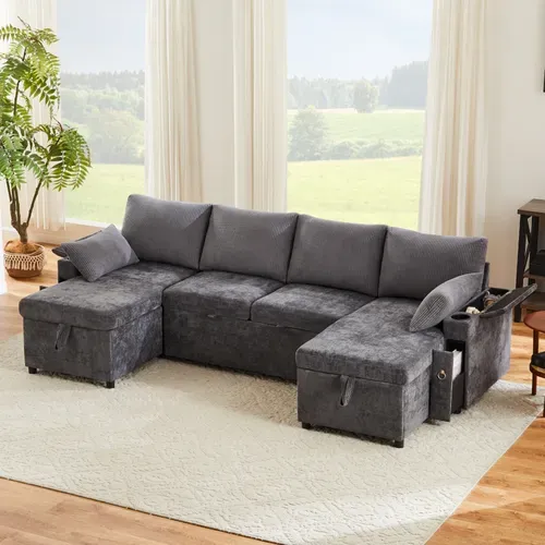 Canapé D’angle Convertible Avec Coffre, Porte-gobelets, Chenille Et Velours Côtelé, Gris
