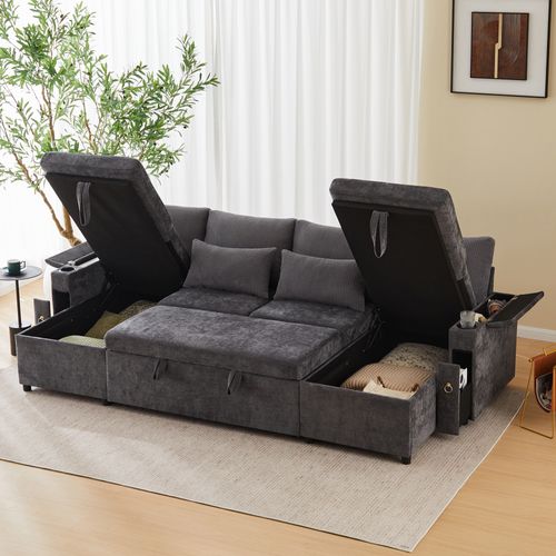 Canapé D’angle Convertible Avec Coffre, Porte-gobelets, Chenille Et Velours Côtelé, Gris