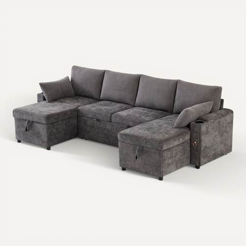 Canapé D’angle Convertible Avec Coffre, Porte-gobelets, Chenille Et Velours Côtelé, Gris