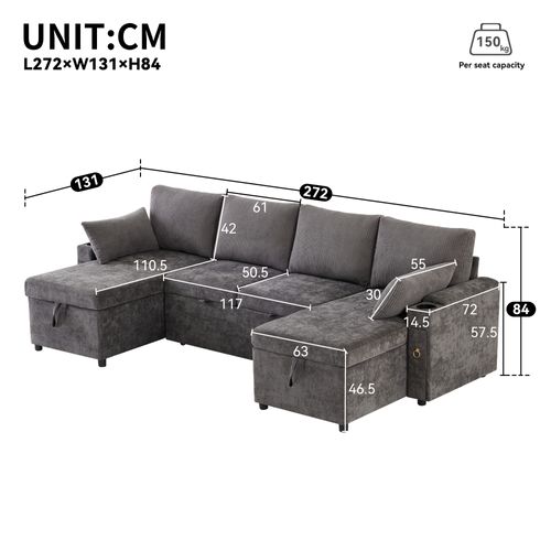 Canapé D’angle Convertible Avec Coffre, Porte-gobelets, Chenille Et Velours Côtelé, Gris