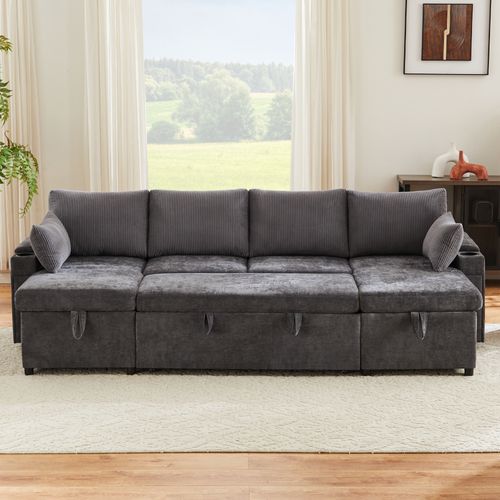Canapé D’angle Convertible Avec Coffre, Porte-gobelets, Chenille Et Velours Côtelé, Gris