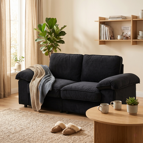 Canapé Droit 2 Places Avec Coffre De Rangement Et Accoudoirs Larges En Tissu Noir