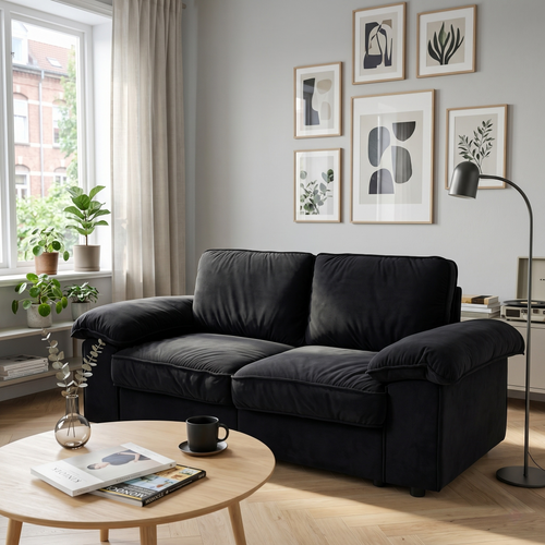 Canapé Droit 2 Places Avec Coffre De Rangement Et Accoudoirs Larges En Tissu Noir
