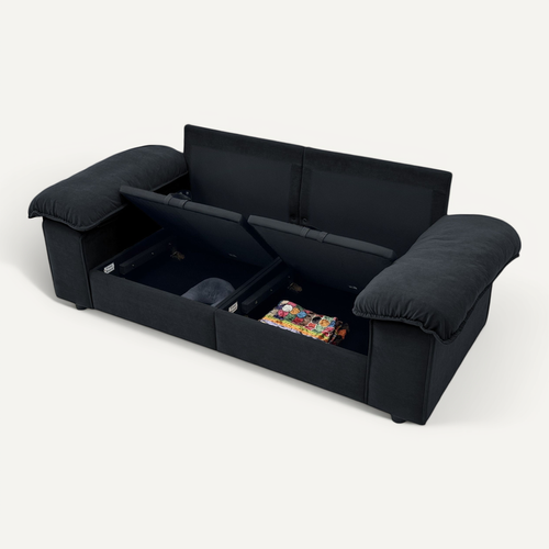 Canapé Droit 2 Places Avec Coffre De Rangement Et Accoudoirs Larges En Tissu Noir