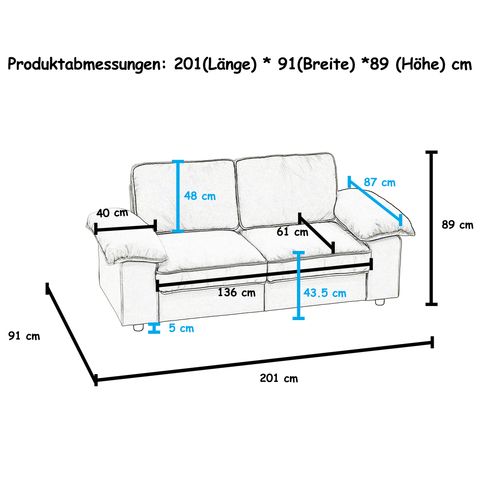 Canapé Droit 2 Places Avec Coffre De Rangement Et Accoudoirs Larges En Tissu Noir