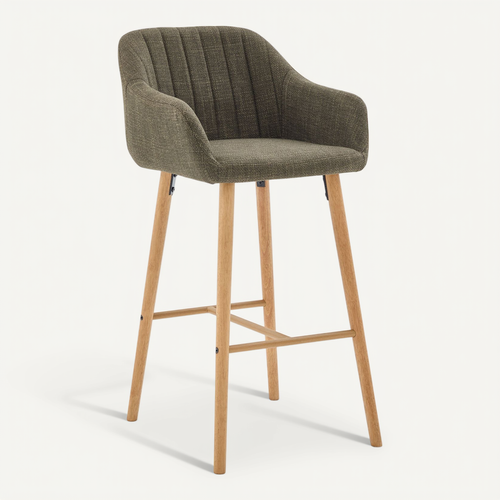Tabouret De Bar Lot De 2, Dossier Haut, Accoudoirs, Assise Confortable, Pieds Bois, Lin Vert