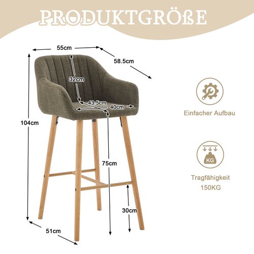 Tabouret De Bar Lot De 2, Dossier Haut, Accoudoirs, Assise Confortable, Pieds Bois, Lin Vert