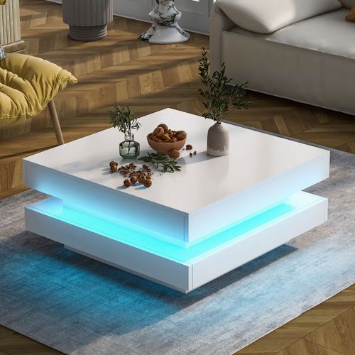 Table Basse Carrée Moderne, Plateau Pivotant, LED 16 S, Panneaux Particules, Blanc