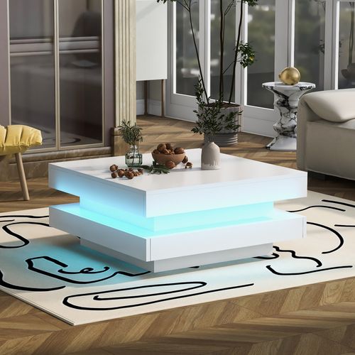 Table Basse Carrée Moderne, Plateau Pivotant, LED 16 S, Panneaux Particules, Blanc