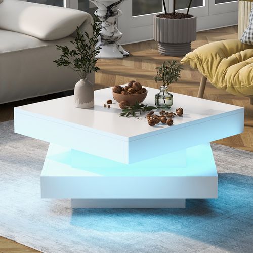 Table Basse Carrée Moderne, Plateau Pivotant, LED 16 S, Panneaux Particules, Blanc