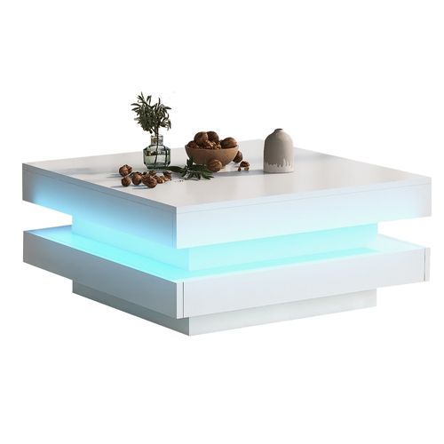 Table Basse Carrée Moderne, Plateau Pivotant, LED 16 S, Panneaux Particules, Blanc