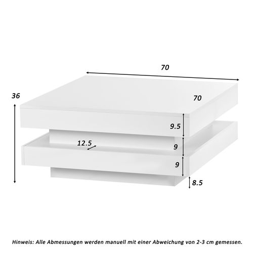 Table Basse Carrée Moderne, Plateau Pivotant, LED 16 S, Panneaux Particules, Blanc
