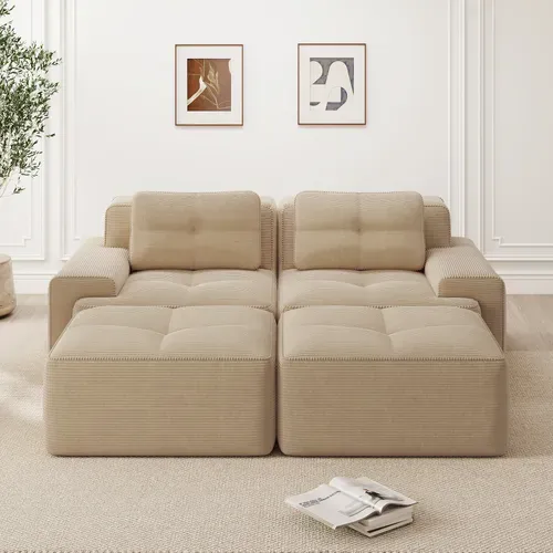 Canapé 2 Places - Canapé Avec 2 Poufs, Sans Assemblage, Effet Nuage, Velours Côtelé Beige