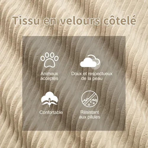 Canapé Modulable 2 Places En L Avec Pouf, Sans Assemblage, Effet Nuage, Velours Côtelé Beige