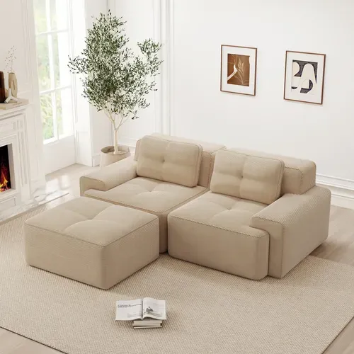 Canapé Modulable 2 Places En L Avec Pouf, Sans Assemblage, Effet Nuage, Velours Côtelé Beige