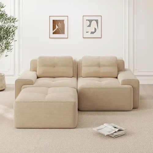 Canapé Modulable 2 Places En L Avec Pouf, Sans Assemblage, Effet Nuage, Velours Côtelé Beige