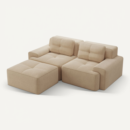 Canapé Modulable 2 Places En L Avec Pouf, Sans Assemblage, Effet Nuage, Velours Côtelé Beige