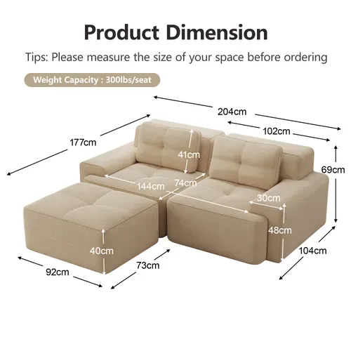 Canapé Modulable 2 Places En L Avec Pouf, Sans Assemblage, Effet Nuage, Velours Côtelé Beige