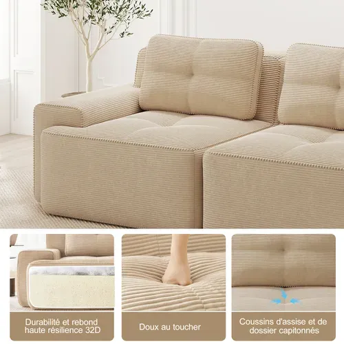 Canapé Modulable 2 Places En L Avec Pouf, Sans Assemblage, Effet Nuage, Velours Côtelé Beige