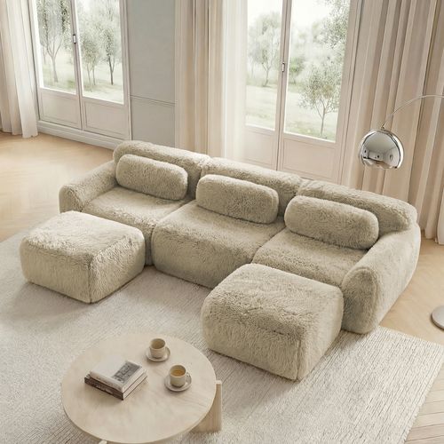Canapé Compressé 3 Places, 2 Poufs, Modulaire En U, Coussins, Sans Montage, Peluche, Kaki Clair