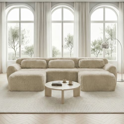 Canapé Compressé 3 Places, 2 Poufs, Modulaire En U, Coussins, Sans Montage, Peluche, Kaki Clair