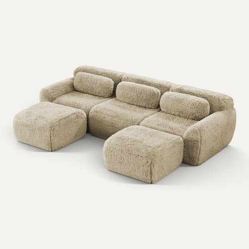 Canapé Compressé 3 Places, 2 Poufs, Modulaire En U, Coussins, Sans Montage, Peluche, Kaki Clair