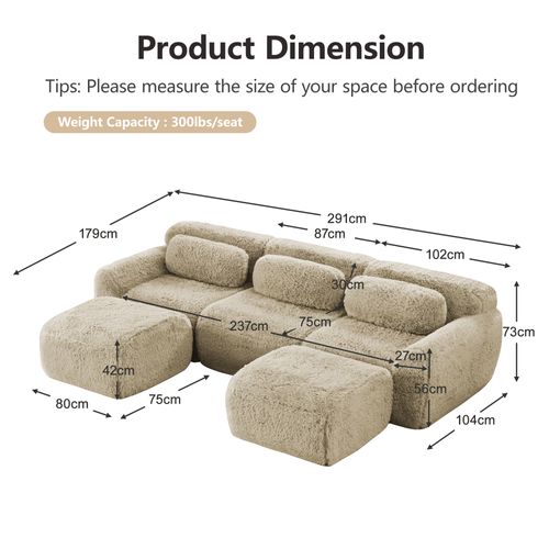 Canapé Compressé 3 Places, 2 Poufs, Modulaire En U, Coussins, Sans Montage, Peluche, Kaki Clair