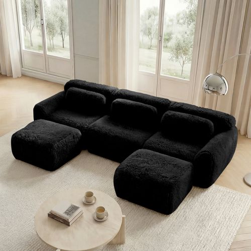 Canapé Modulable 3 Places Avec 2 Poufs, Modulaire En U, Coussins, Sans Montage, Peluche, Noir