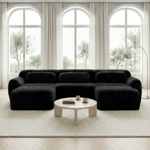 Canapé Modulable 3 Places Avec 2 Poufs, Modulaire En U, Coussins, Sans Montage, Peluche, Noir