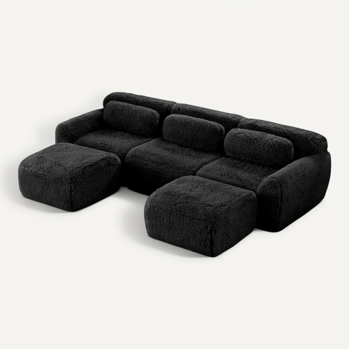 Canapé Modulable 3 Places Avec 2 Poufs, Modulaire En U, Coussins, Sans Montage, Peluche, Noir